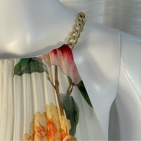 Alex Marie Ivory Floral Pleated Hi Low Gold Chain Strap Maxi Dress Sz 12 - Picture 3 of 11